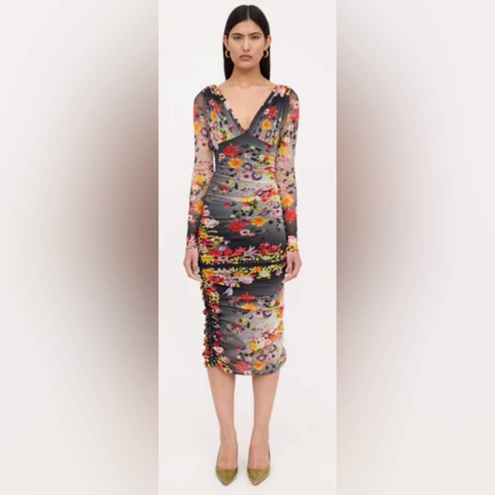 Fuzzi Italy Mesh Ruched Floral Long Sleeve Maxi Dress M Draped Sheer Bodycon